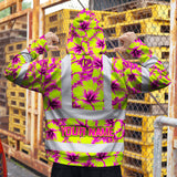 Hi Vis Hoodie Shirt Reflective Tapes Pink Neon And Lime Flowers Custom Name Safety Workwear For Truckers, Operators