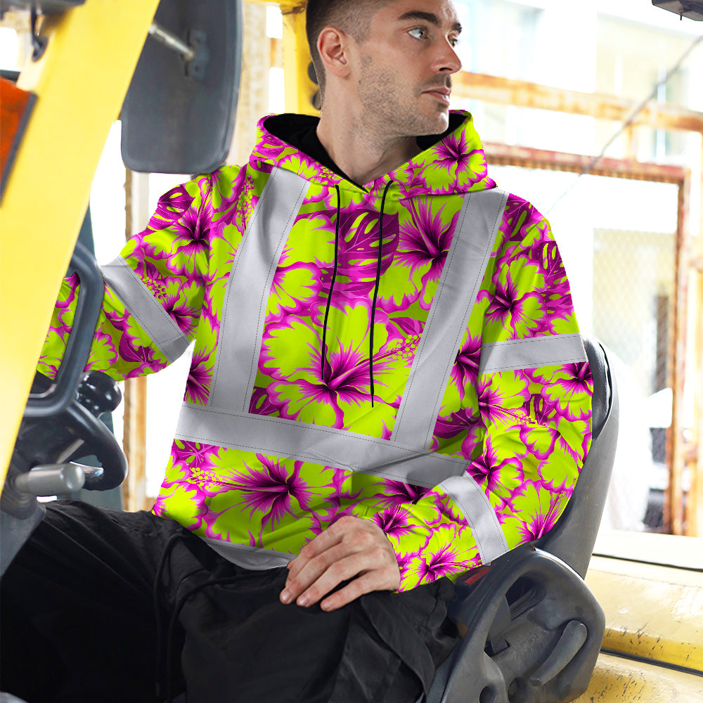 Hi Vis Hoodie Shirt Reflective Tapes Pink Neon And Lime Flowers Custom Name Safety Workwear For Truckers, Operators
