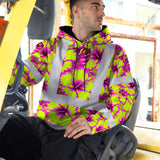 Hi Vis Hoodie Shirt Reflective Tapes Pink Neon And Lime Flowers Custom Name Safety Workwear For Truckers, Operators