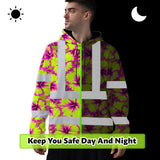 Hi Vis Hoodie Shirt Reflective Tapes Pink Neon And Lime Flowers Custom Name Safety Workwear For Truckers, Operators