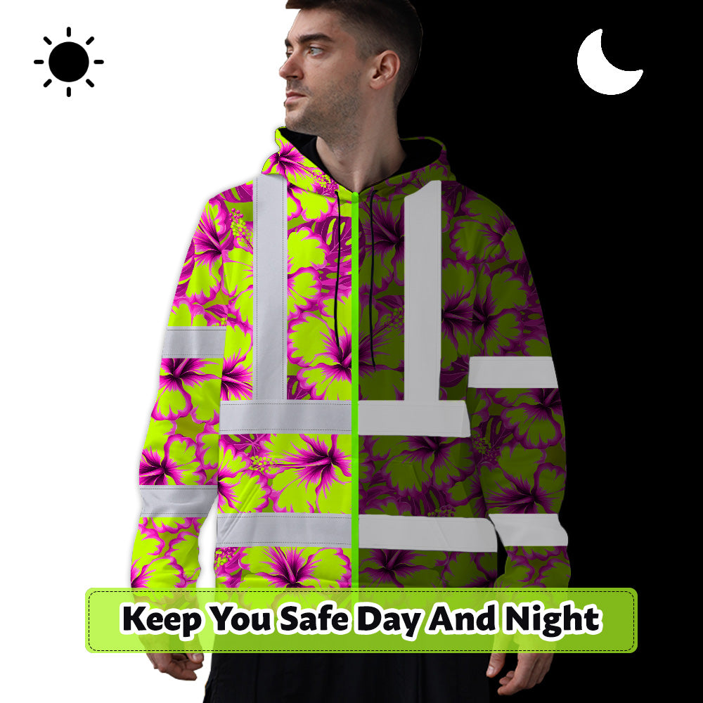 Hi Vis Hoodie Shirt Reflective Tapes Pink Neon And Lime Flowers Custom Name Safety Workwear For Truckers, Operators