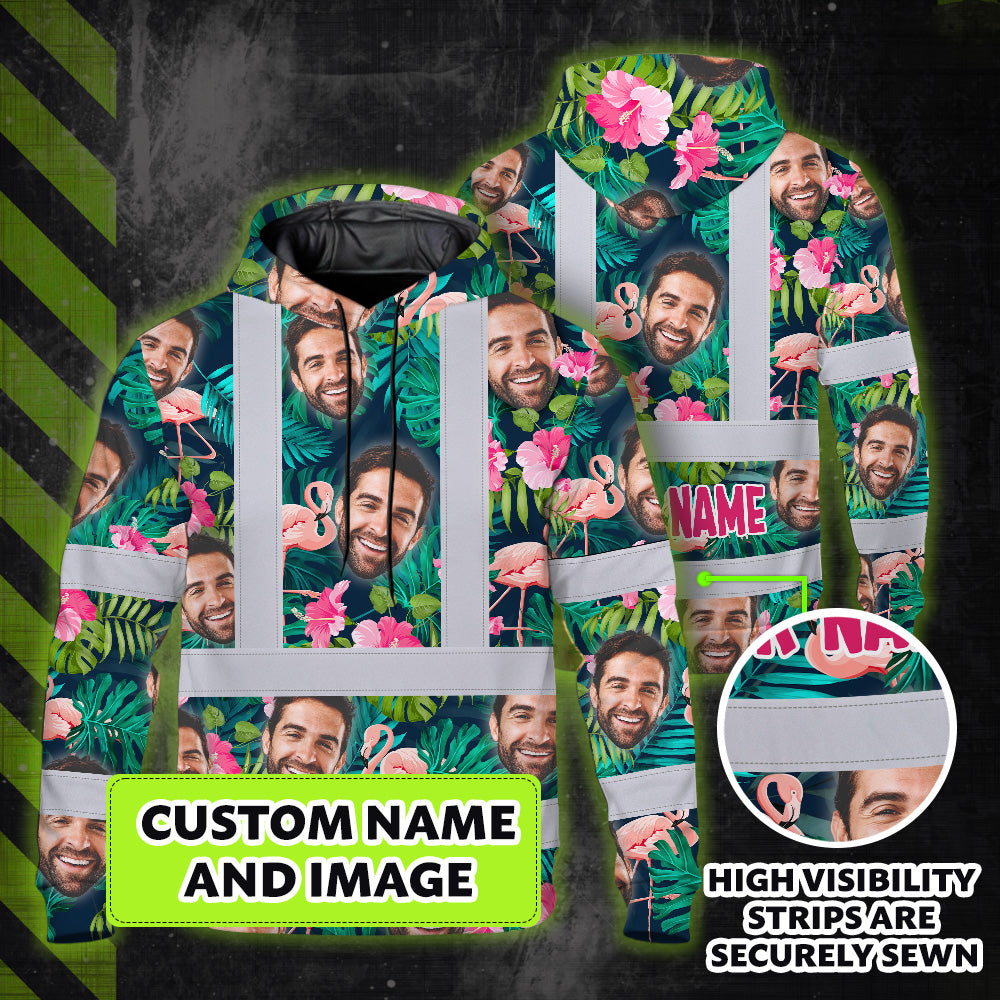 Hi Vis Hoodie Shirt Reflective Tapes Pink And Green 2 Custom Name And Photo Safety Workwear For Workers, Truckers, Operators