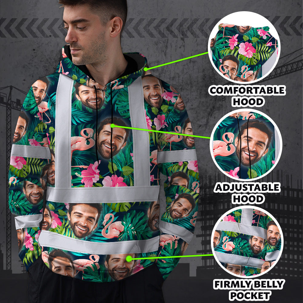 Hi Vis Hoodie Shirt Reflective Tapes Pink And Green 2 Custom Name And Photo Safety Workwear For Workers, Truckers, Operators