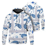 Hi Vis Hoodie Shirt Reflective Tapes Blue Flowers Turtle 2 Custom Name Safety Workwear For Workers, Truckers, Operators, Company