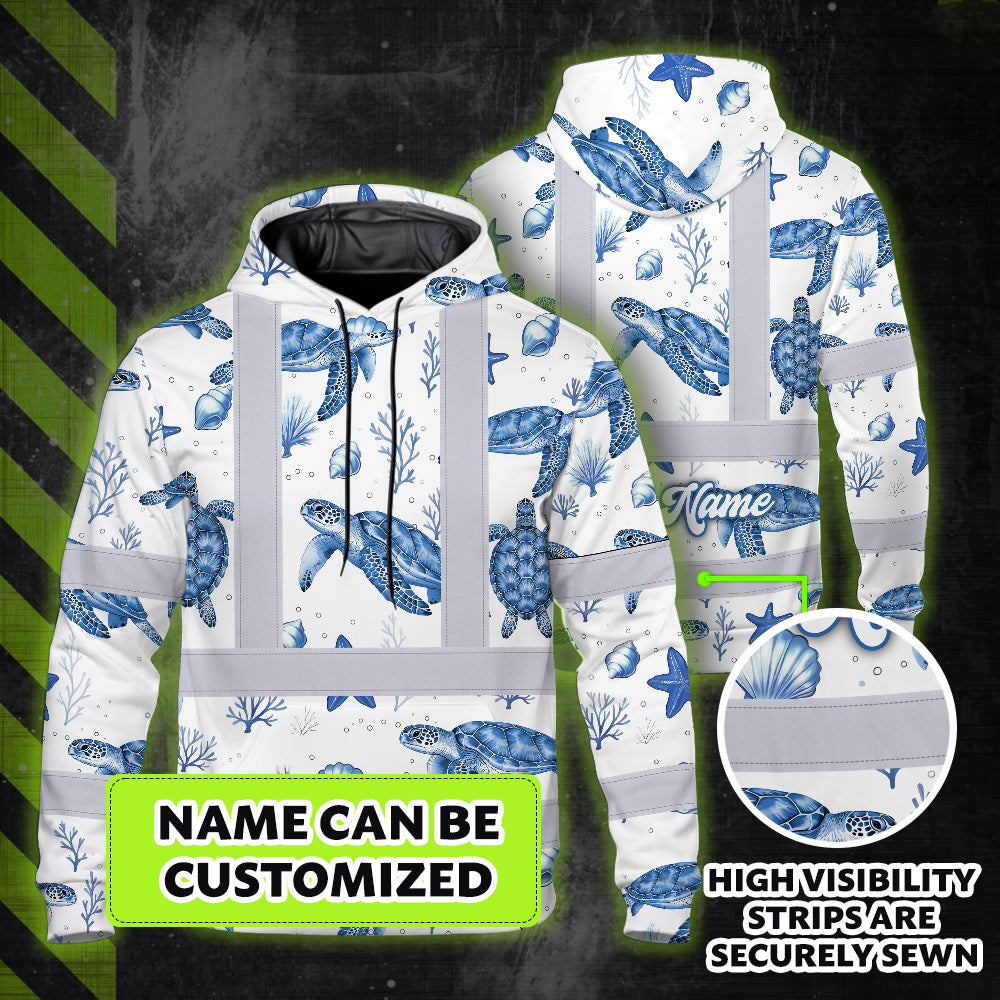 Hi Vis Hoodie Shirt Reflective Tapes Blue Flowers Turtle 2 Custom Name Safety Workwear For Workers, Truckers, Operators, Company