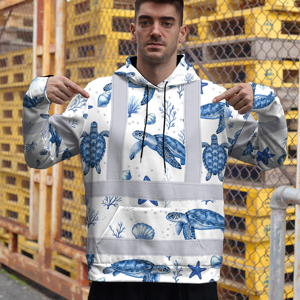 Hi Vis Hoodie Shirt Reflective Tapes Blue Flowers Turtle 2 Custom Name Safety Workwear For Workers, Truckers, Operators, Company