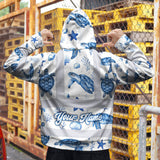Hi Vis Hoodie Shirt Reflective Tapes Blue Flowers Turtle 2 Custom Name Safety Workwear For Workers, Truckers, Operators, Company