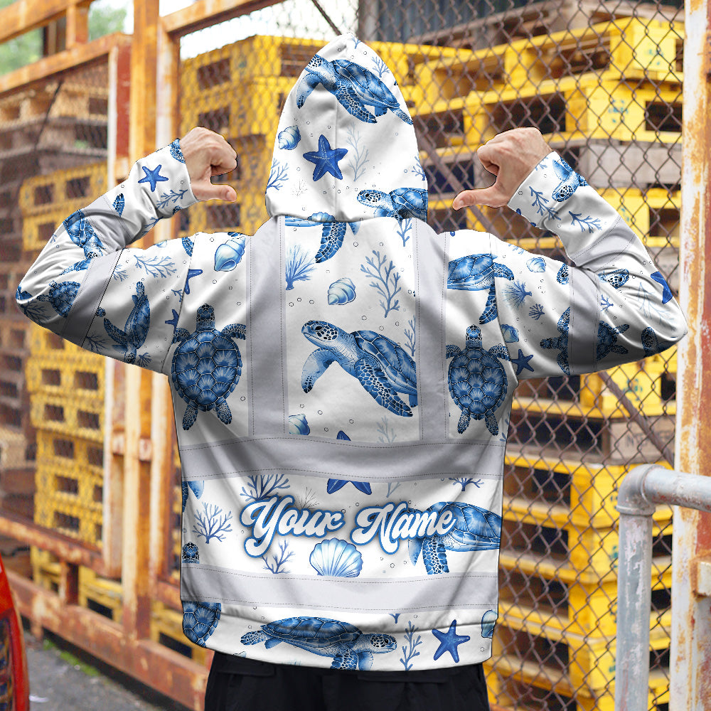 Hi Vis Hoodie Shirt Reflective Tapes Blue Flowers Turtle 2 Custom Name Safety Workwear For Workers, Truckers, Operators, Company