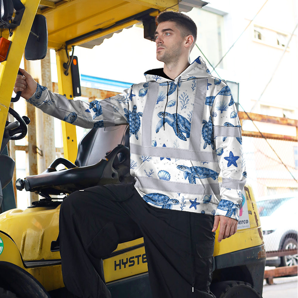 Hi Vis Hoodie Shirt Reflective Tapes Blue Flowers Turtle 2 Custom Name Safety Workwear For Workers, Truckers, Operators, Company