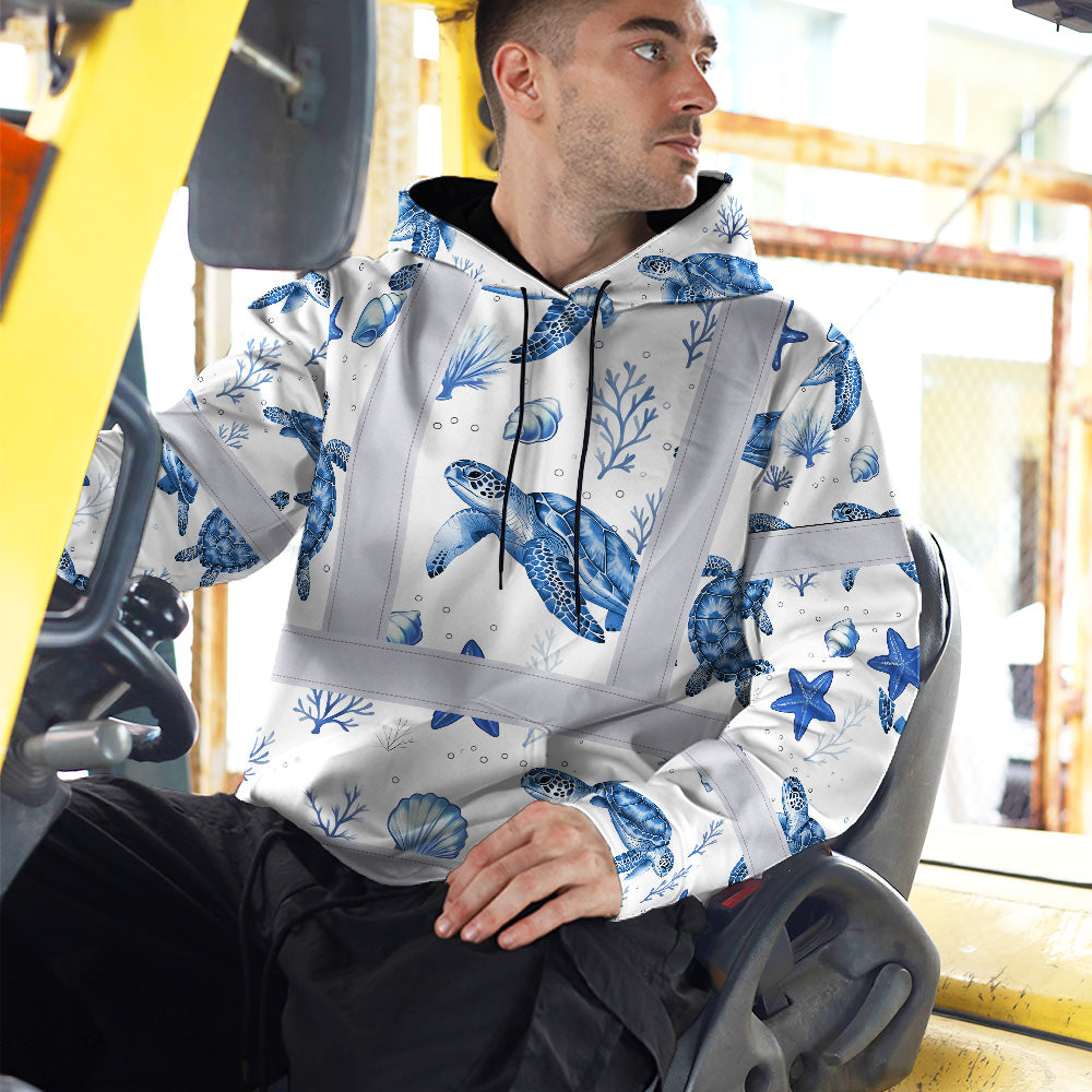 Hi Vis Hoodie Shirt Reflective Tapes Blue Flowers Turtle 2 Custom Name Safety Workwear For Workers, Truckers, Operators, Company