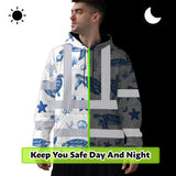 Hi Vis Hoodie Shirt Reflective Tapes Blue Flowers Turtle 2 Custom Name Safety Workwear For Workers, Truckers, Operators, Company
