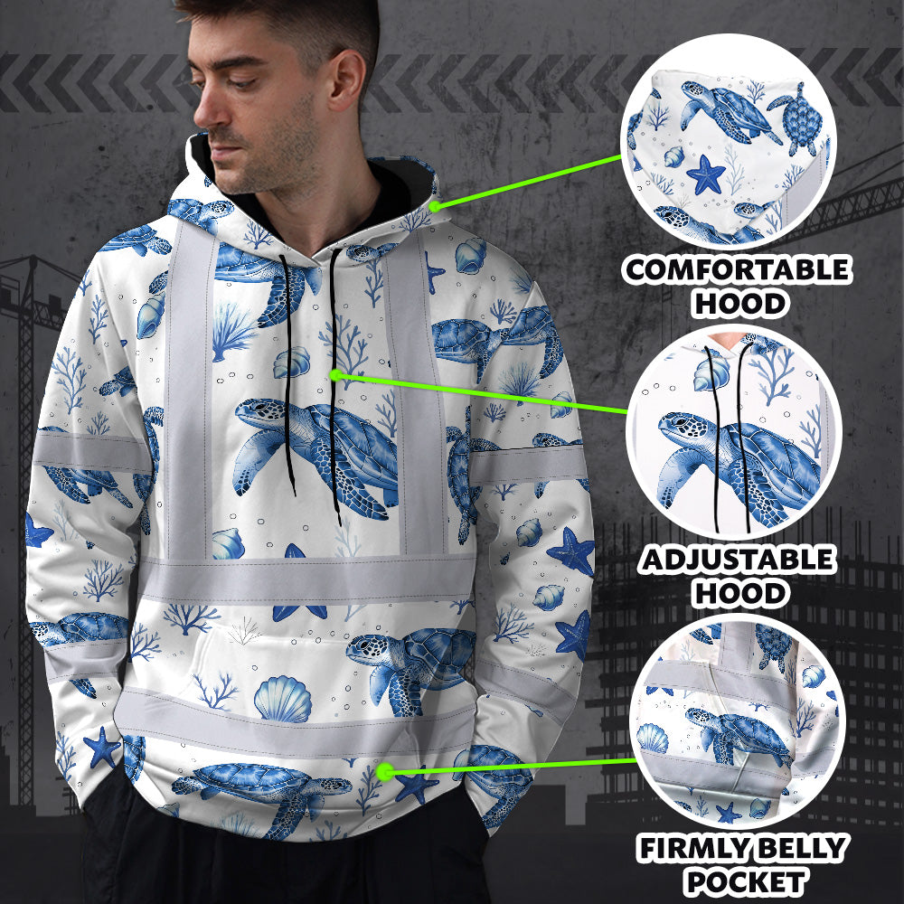 Hi Vis Hoodie Shirt Reflective Tapes Blue Flowers Turtle 2 Custom Name Safety Workwear For Workers, Truckers, Operators, Company