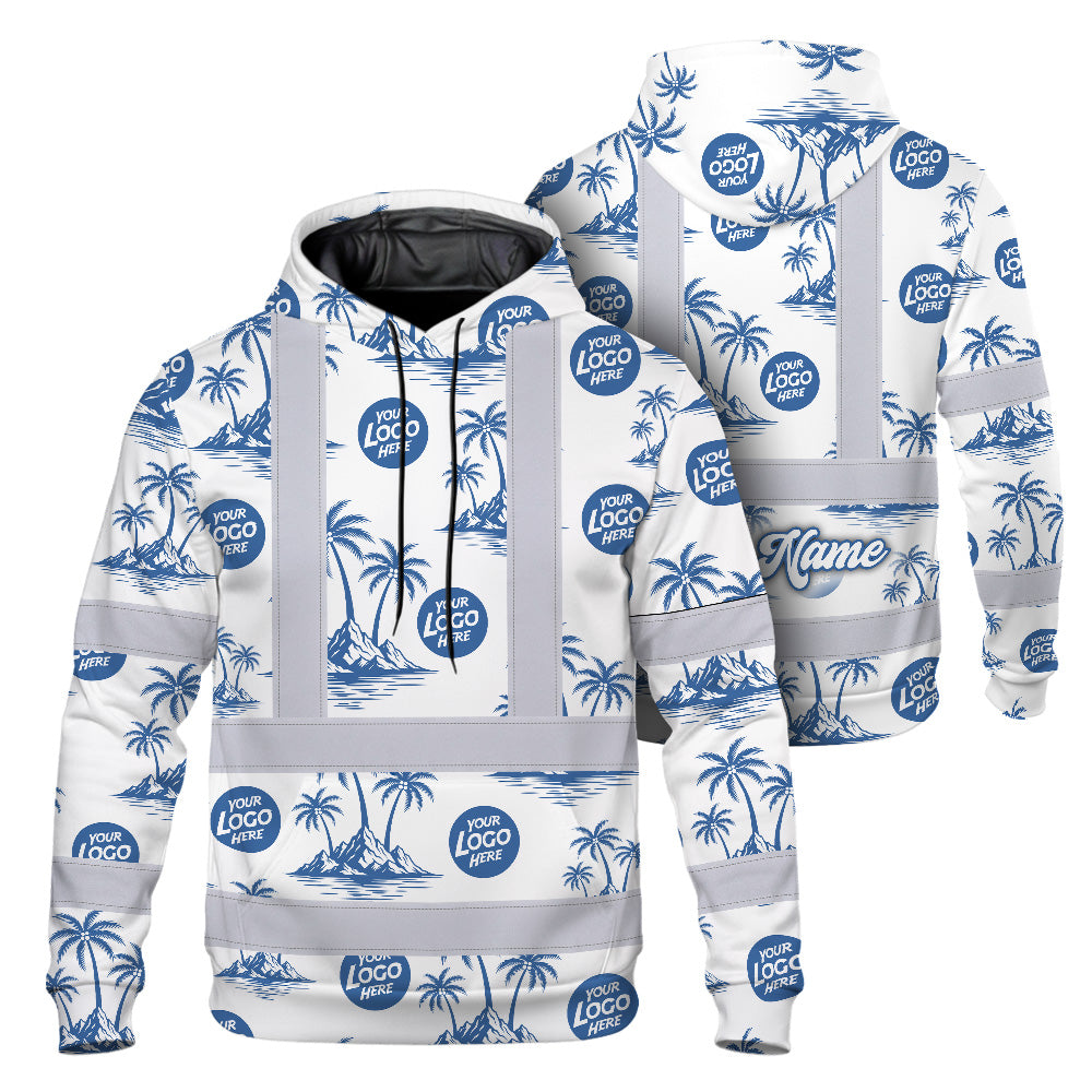 Hi Vis Hoodie Shirt Reflective Tapes Dark Blue And White Flowers Custom Name And Logo Safety Workwear For Truckers, Operators, Company