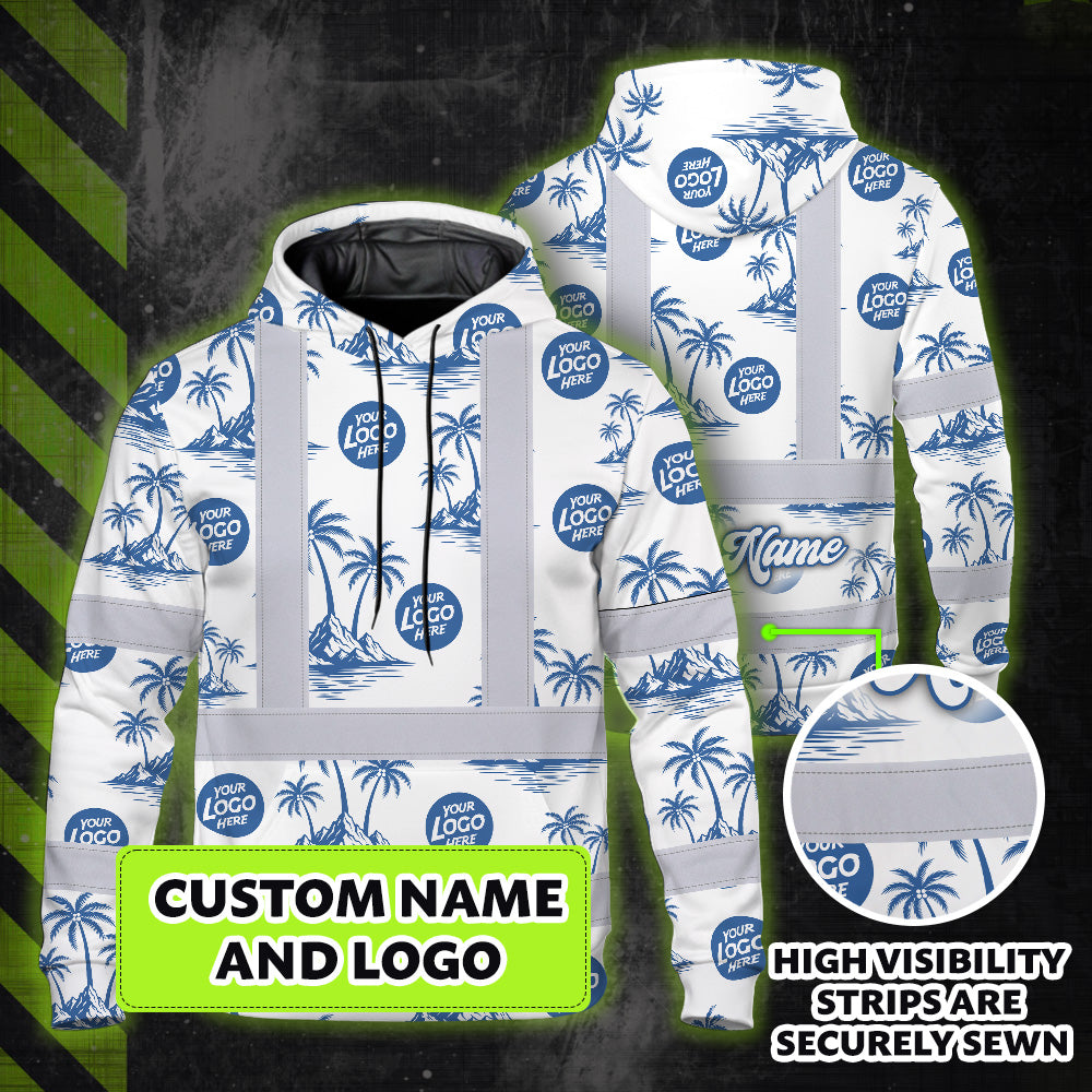 Hi Vis Hoodie Shirt Reflective Tapes Dark Blue And White Flowers Custom Name And Logo Safety Workwear For Truckers, Operators, Company