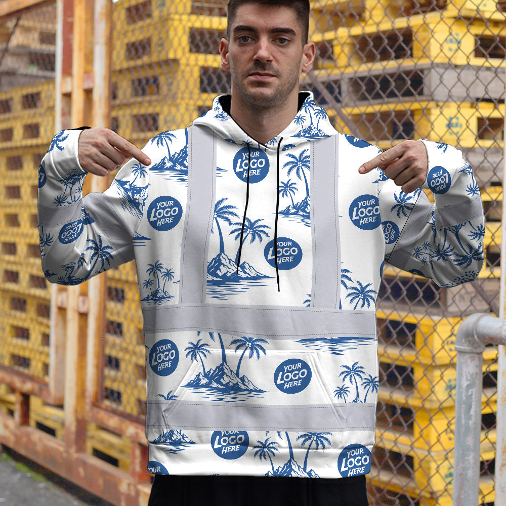 Hi Vis Hoodie Shirt Reflective Tapes Dark Blue And White Flowers Custom Name And Logo Safety Workwear For Truckers, Operators, Company
