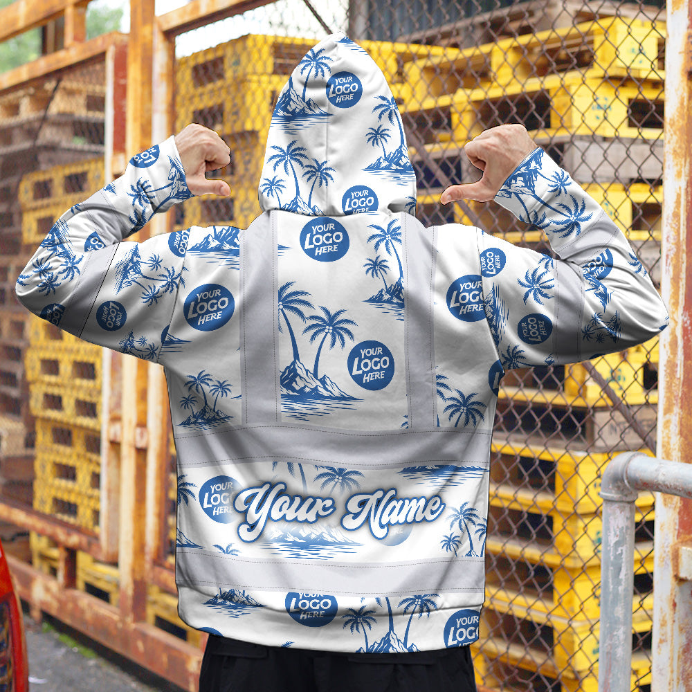 Hi Vis Hoodie Shirt Reflective Tapes Dark Blue And White Flowers Custom Name And Logo Safety Workwear For Truckers, Operators, Company