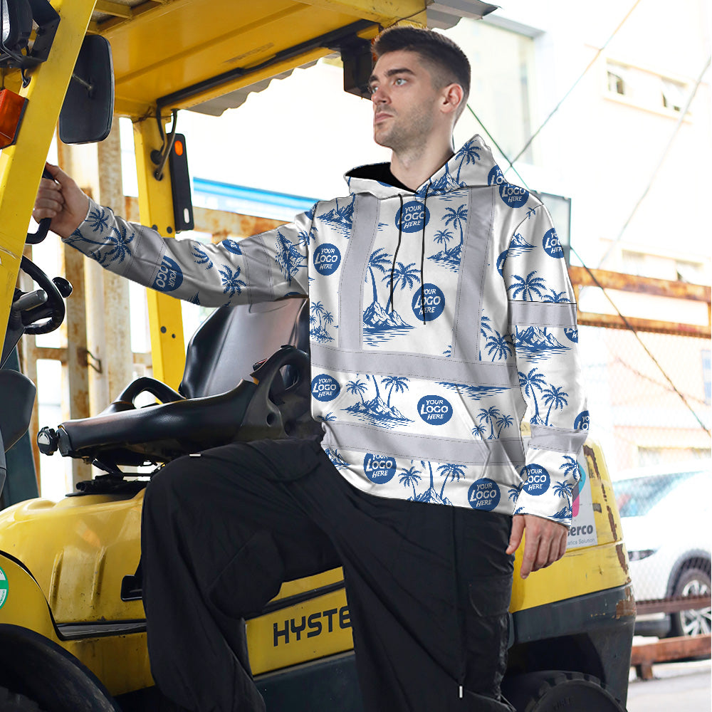 Hi Vis Hoodie Shirt Reflective Tapes Dark Blue And White Flowers Custom Name And Logo Safety Workwear For Truckers, Operators, Company