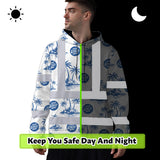Hi Vis Hoodie Shirt Reflective Tapes Dark Blue And White Flowers Custom Name And Logo Safety Workwear For Truckers, Operators, Company