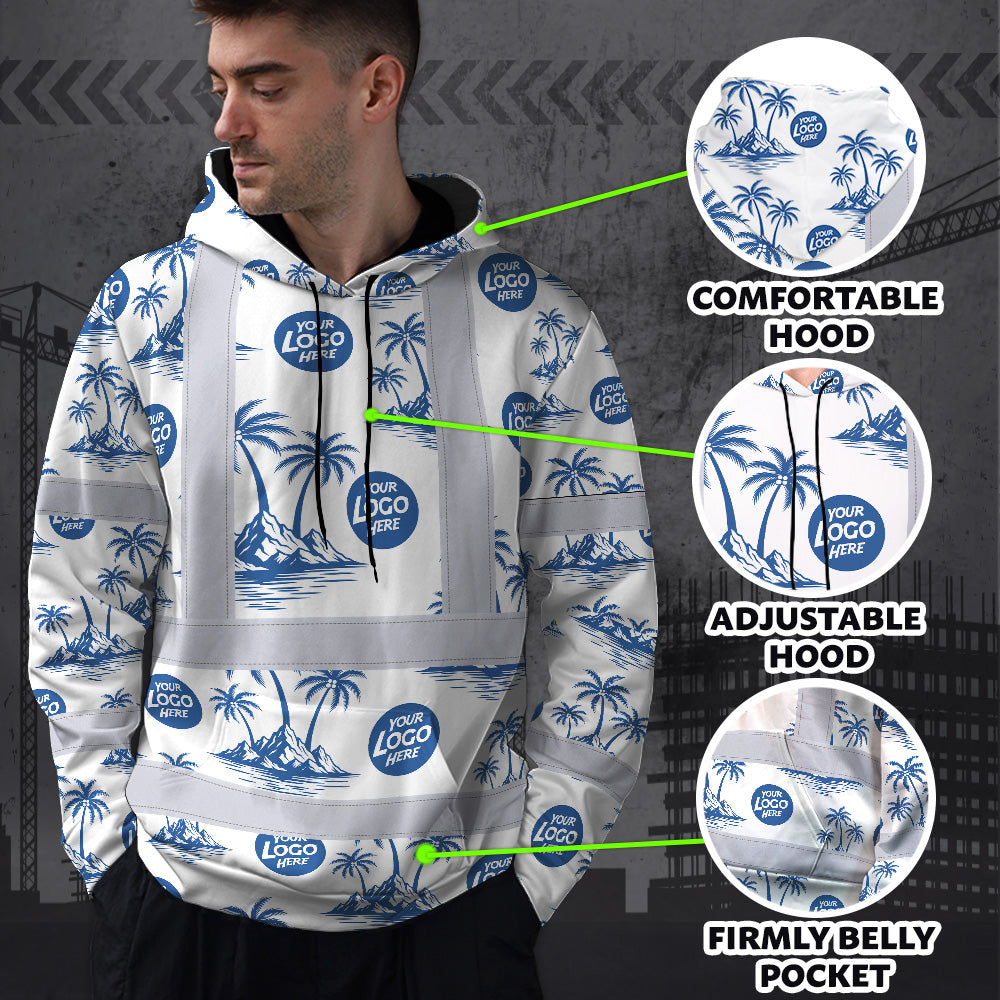 Hi Vis Hoodie Shirt Reflective Tapes Dark Blue And White Flowers Custom Name And Logo Safety Workwear For Truckers, Operators, Company