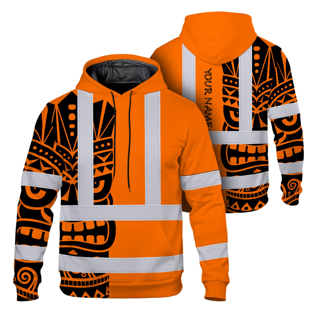 Hi Vis Hoodie Shirt Reflective Tapes TiKi Hawaiian Orange Neon Polynesian Tribal Custom Name Safety Workwear For Truckers, Operators