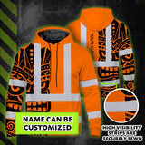 Hi Vis Hoodie Shirt Reflective Tapes TiKi Hawaiian Orange Neon Polynesian Tribal Custom Name Safety Workwear For Truckers, Operators