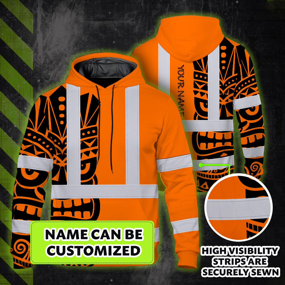 Hi Vis Hoodie Shirt Reflective Tapes TiKi Hawaiian Orange Neon Polynesian Tribal Custom Name Safety Workwear For Truckers, Operators