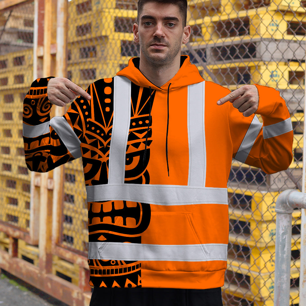 Hi Vis Hoodie Shirt Reflective Tapes TiKi Hawaiian Orange Neon Polynesian Tribal Custom Name Safety Workwear For Truckers, Operators