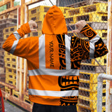 Hi Vis Hoodie Shirt Reflective Tapes TiKi Hawaiian Orange Neon Polynesian Tribal Custom Name Safety Workwear For Truckers, Operators