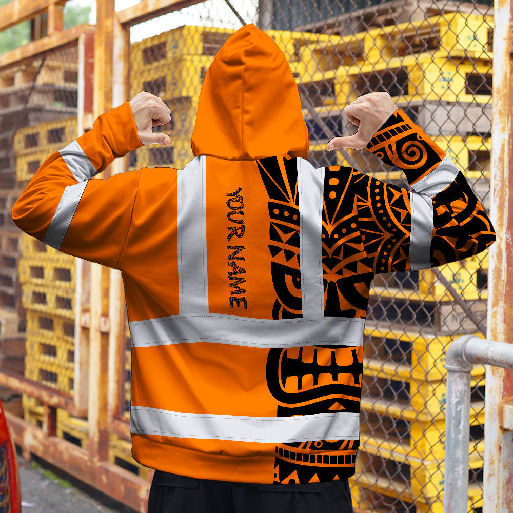 Hi Vis Hoodie Shirt Reflective Tapes TiKi Hawaiian Orange Neon Polynesian Tribal Custom Name Safety Workwear For Truckers, Operators