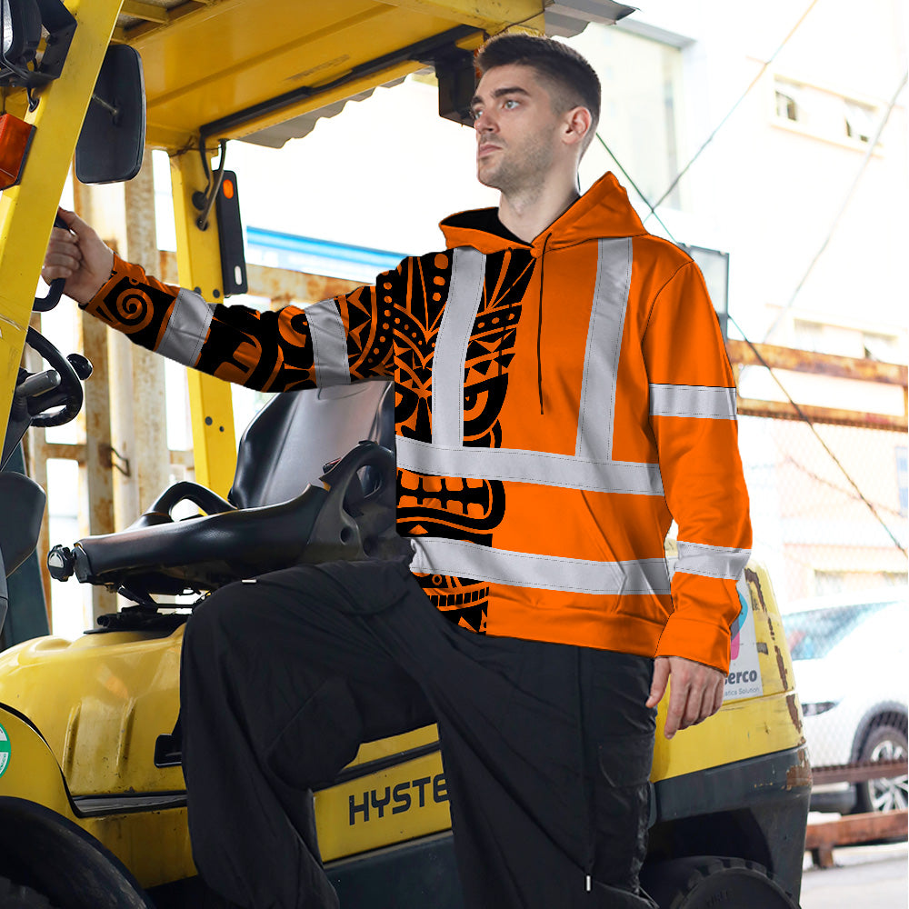 Hi Vis Hoodie Shirt Reflective Tapes TiKi Hawaiian Orange Neon Polynesian Tribal Custom Name Safety Workwear For Truckers, Operators