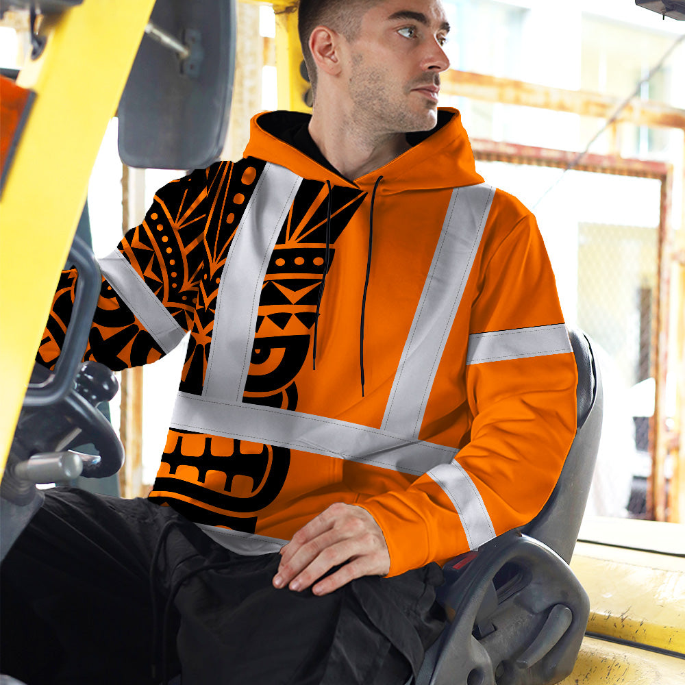 Hi Vis Hoodie Shirt Reflective Tapes TiKi Hawaiian Orange Neon Polynesian Tribal Custom Name Safety Workwear For Truckers, Operators