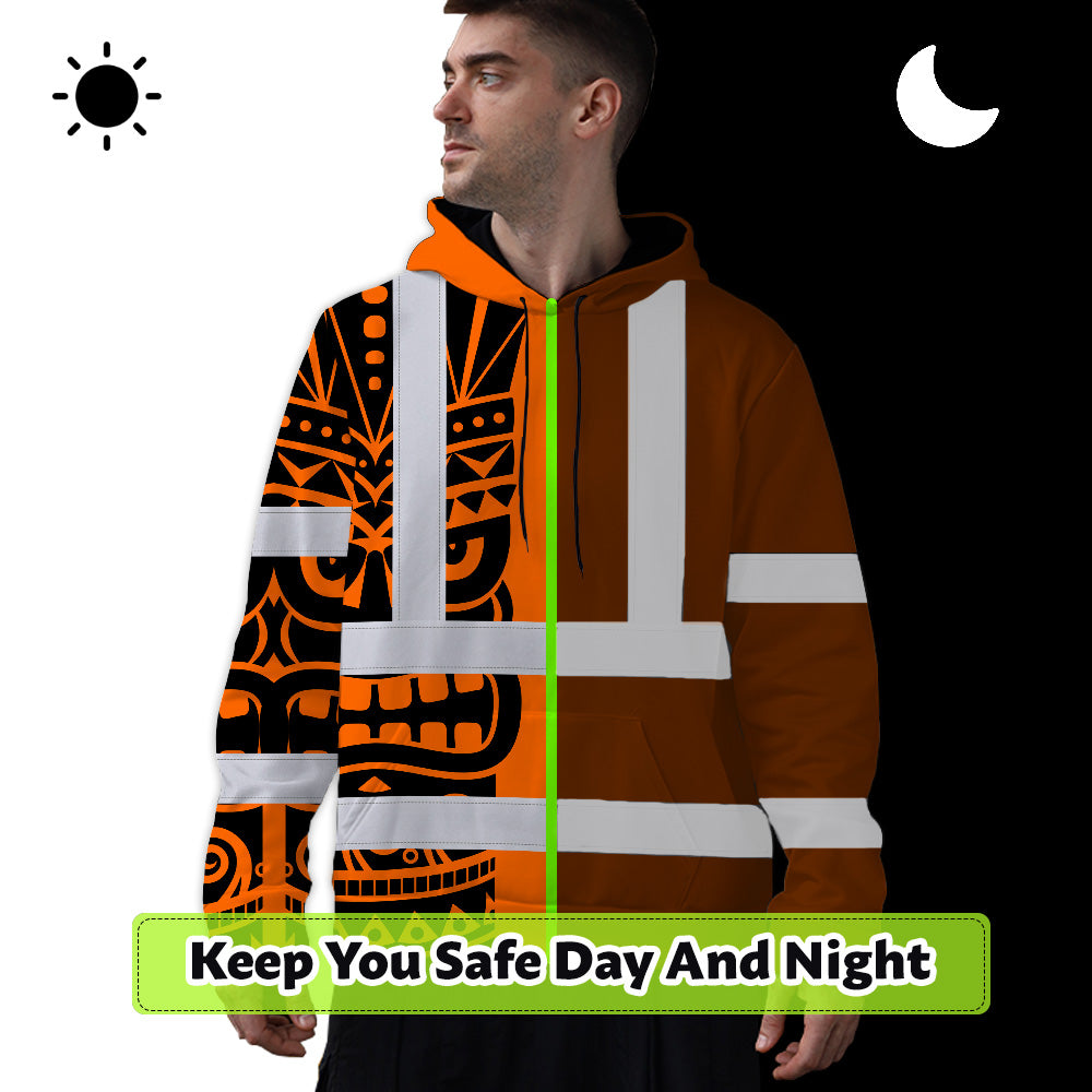 Hi Vis Hoodie Shirt Reflective Tapes TiKi Hawaiian Orange Neon Polynesian Tribal Custom Name Safety Workwear For Truckers, Operators