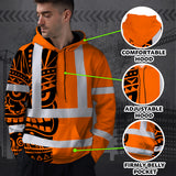 Hi Vis Hoodie Shirt Reflective Tapes TiKi Hawaiian Orange Neon Polynesian Tribal Custom Name Safety Workwear For Truckers, Operators