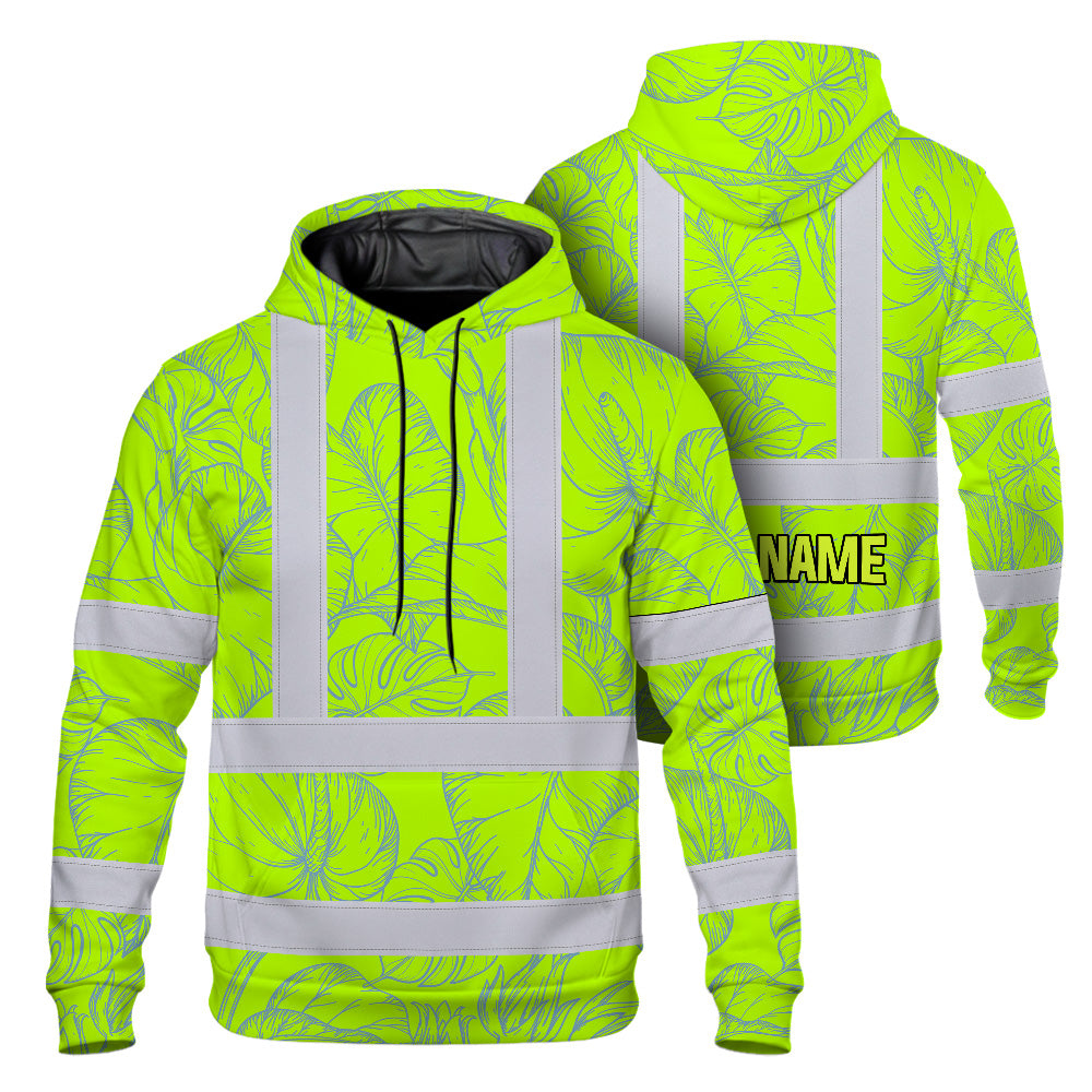 Hi Vis Hoodie Shirt Reflective Tapes Green Neon Flowers Custom Name Safety Workwear For Workers, Truckers, Operators