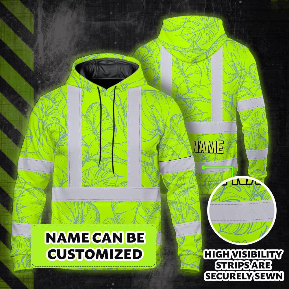 Hi Vis Hoodie Shirt Reflective Tapes Green Neon Flowers Custom Name Safety Workwear For Workers, Truckers, Operators