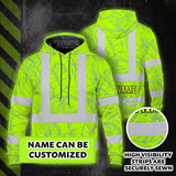Hi Vis Hoodie Shirt Reflective Tapes Green Neon Flowers Custom Name Safety Workwear For Workers, Truckers, Operators