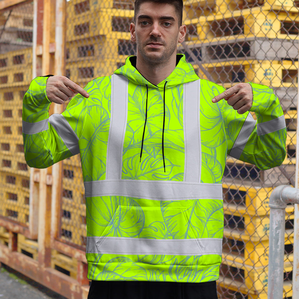 Hi Vis Hoodie Shirt Reflective Tapes Green Neon Flowers Custom Name Safety Workwear For Workers, Truckers, Operators
