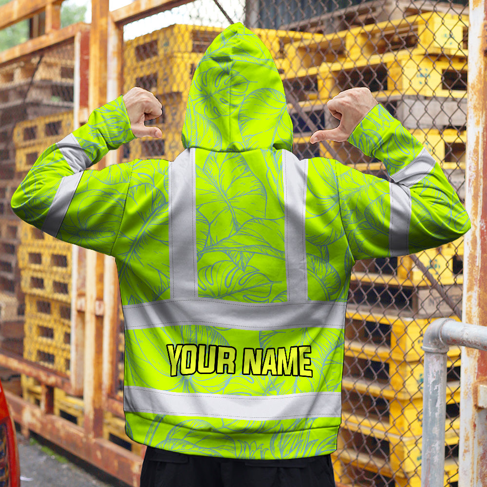 Hi Vis Hoodie Shirt Reflective Tapes Green Neon Flowers Custom Name Safety Workwear For Workers, Truckers, Operators