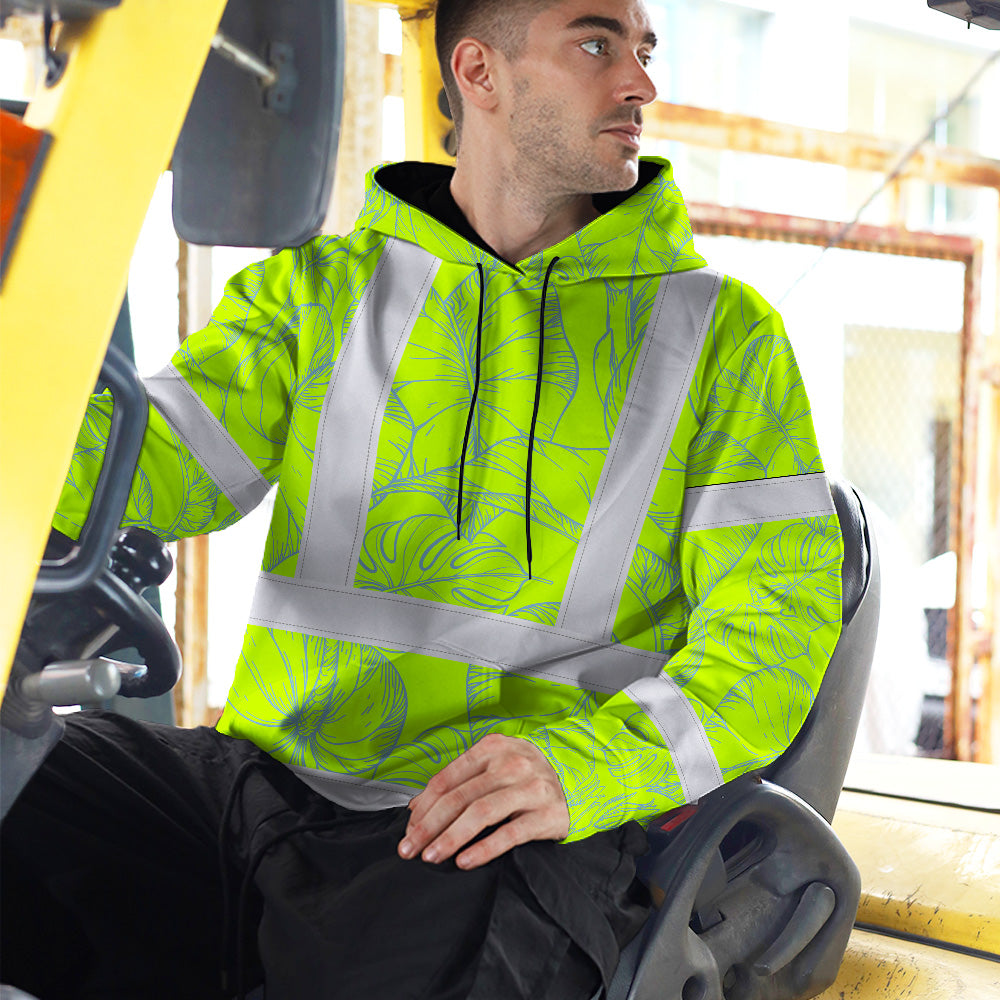 Hi Vis Hoodie Shirt Reflective Tapes Green Neon Flowers Custom Name Safety Workwear For Workers, Truckers, Operators