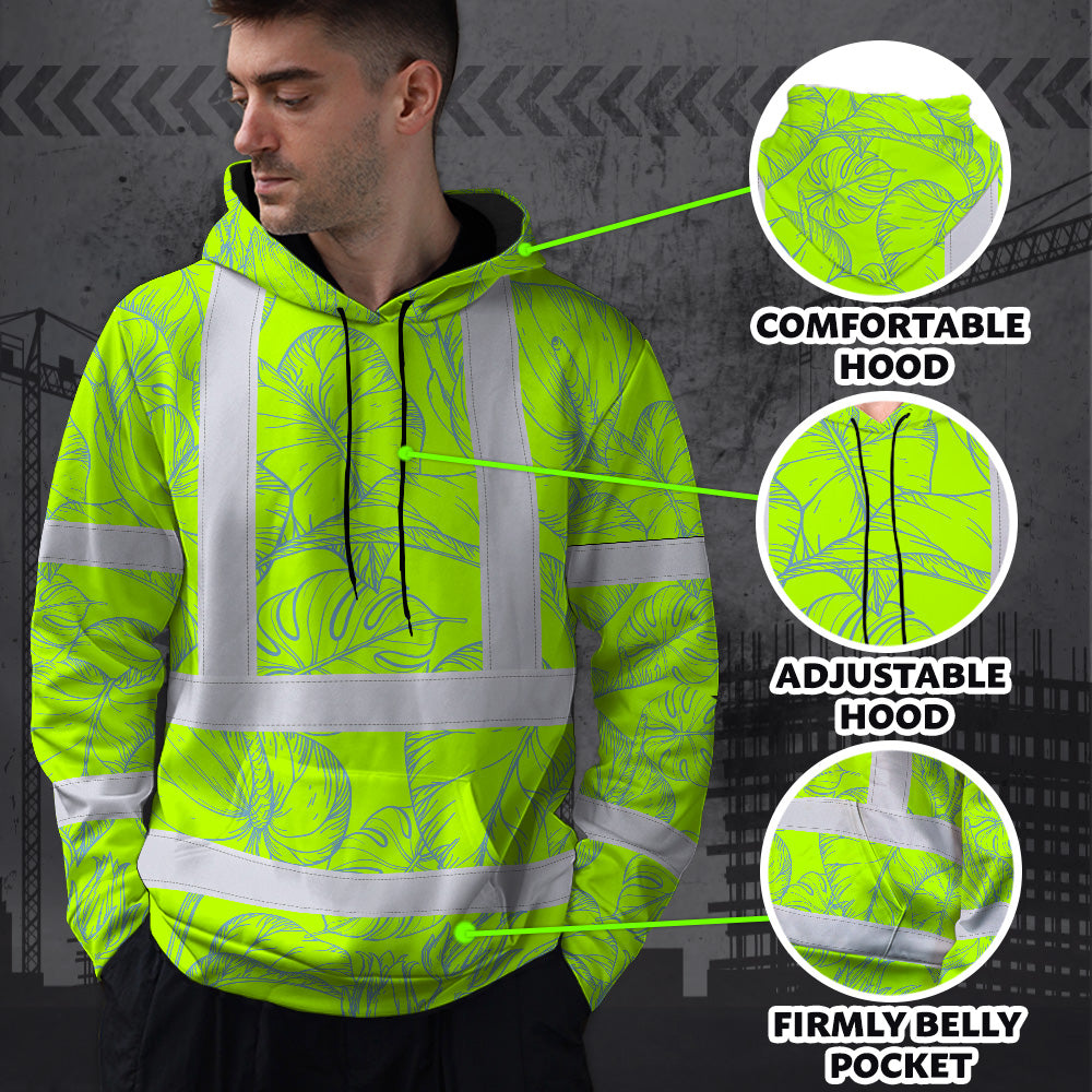 Hi Vis Hoodie Shirt Reflective Tapes Green Neon Flowers Custom Name Safety Workwear For Workers, Truckers, Operators