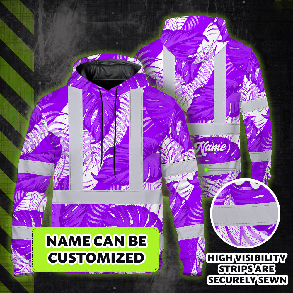 Hi Vis Hoodie Shirt Reflective Tapes Violet Neon Flowers Custom Name Safety Workwear For Workers, Truckers, Operators