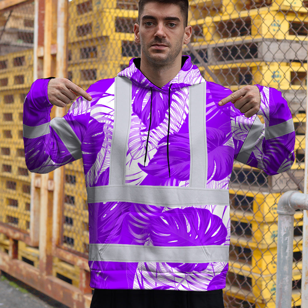 Hi Vis Hoodie Shirt Reflective Tapes Violet Neon Flowers Custom Name Safety Workwear For Workers, Truckers, Operators