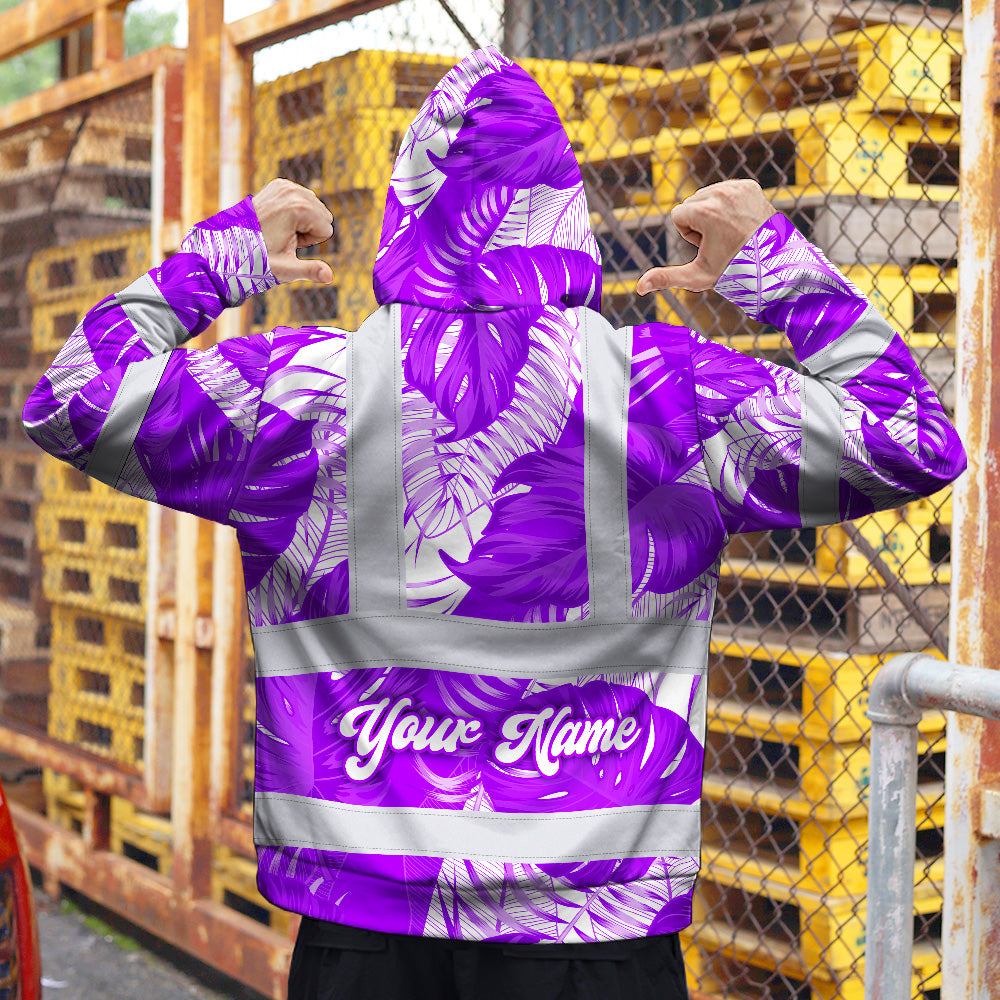 Hi Vis Hoodie Shirt Reflective Tapes Violet Neon Flowers Custom Name Safety Workwear For Workers, Truckers, Operators