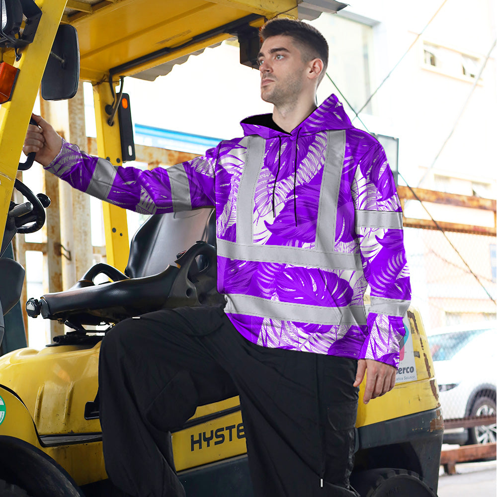 Hi Vis Hoodie Shirt Reflective Tapes Violet Neon Flowers Custom Name Safety Workwear For Workers, Truckers, Operators