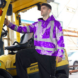 Hi Vis Hoodie Shirt Reflective Tapes Violet Neon Flowers Custom Name Safety Workwear For Workers, Truckers, Operators