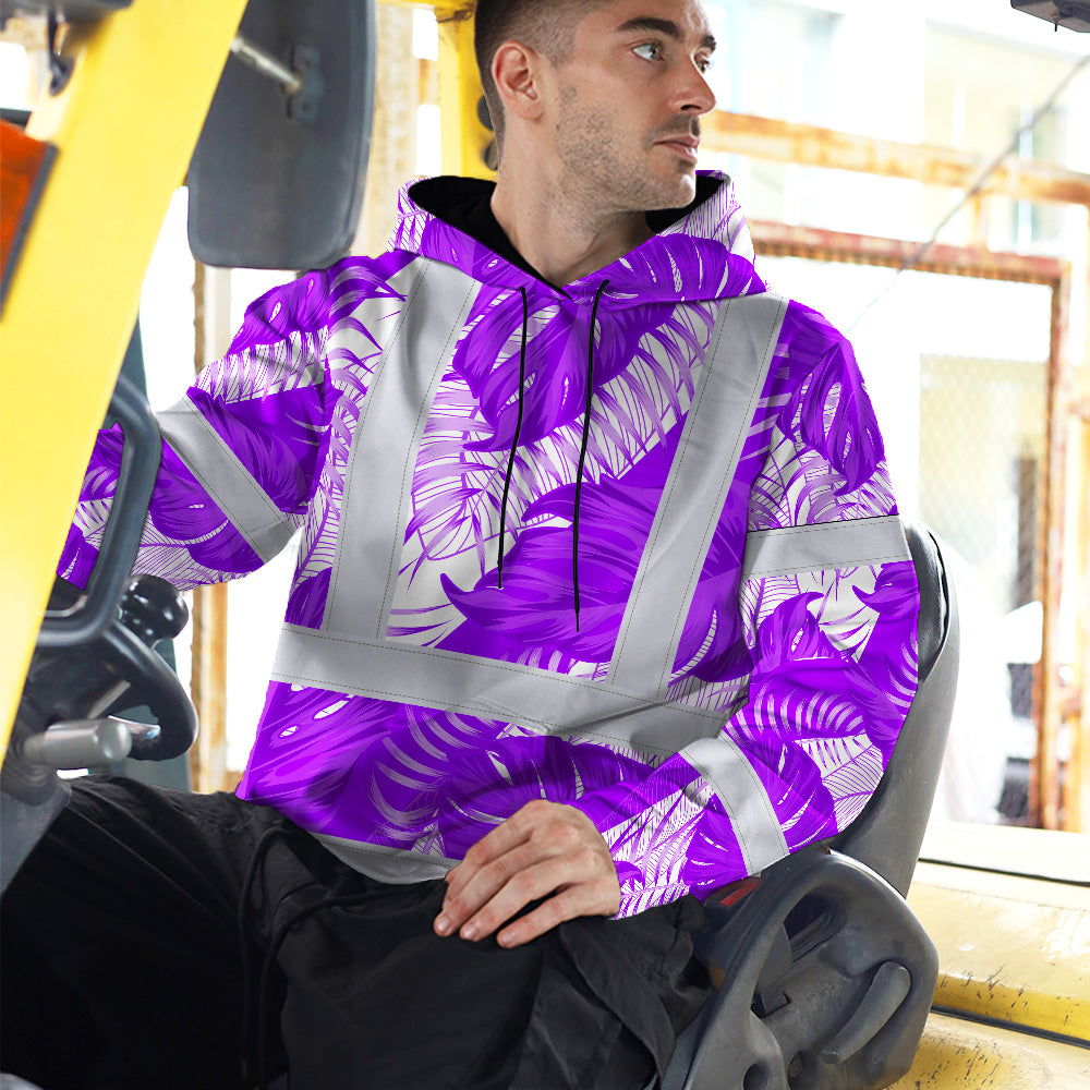 Hi Vis Hoodie Shirt Reflective Tapes Violet Neon Flowers Custom Name Safety Workwear For Workers, Truckers, Operators