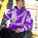 Hi Vis Hoodie Shirt Reflective Tapes Violet Neon Flowers Custom Name Safety Workwear For Workers, Truckers, Operators