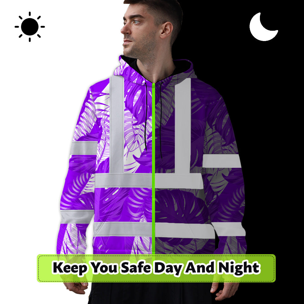 Hi Vis Hoodie Shirt Reflective Tapes Violet Neon Flowers Custom Name Safety Workwear For Workers, Truckers, Operators