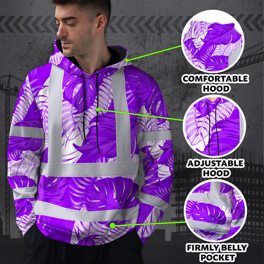 Hi Vis Hoodie Shirt Reflective Tapes Violet Neon Flowers Custom Name Safety Workwear For Workers, Truckers, Operators