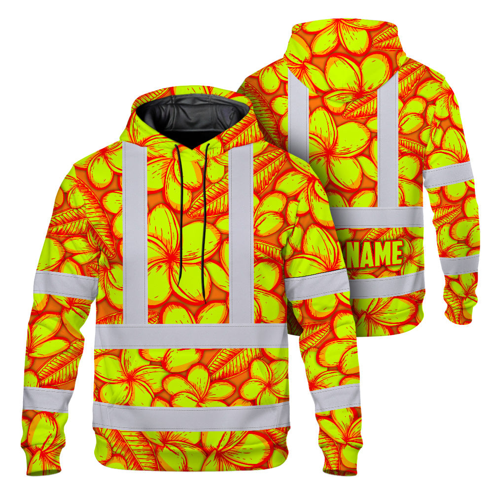 Hi Vis Hoodie Shirt Reflective Tapes Orange Neon Lime Plumeria Custom Name Safety Workwear For Workers, Truckers, Operators